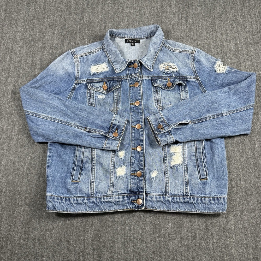 STS Blue Women's M Distressed Denim Jacket Light Wash Ripped Trucker 100% Cotton